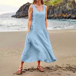 New 100% Cotton Crew Neck Loose Dress Sleeveless Solid Aqua Baby Light Blue